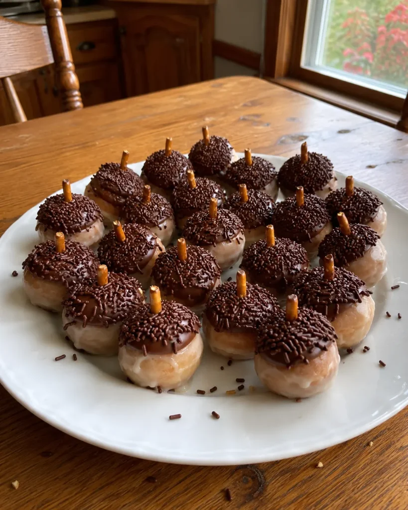 Acorn Donut Holes with chocolate sprinkle caps and pretzel stems on a white plate