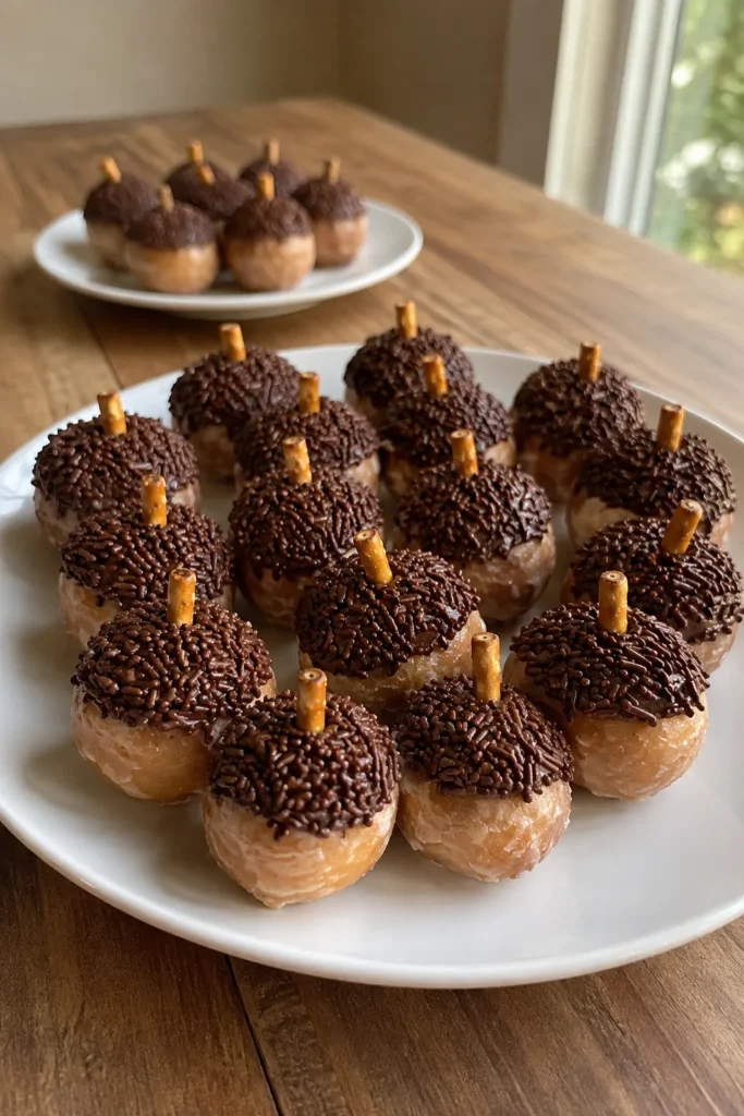 Acorn Donut Holes arranged on a plate for a fall or Thanksgiving dessert
