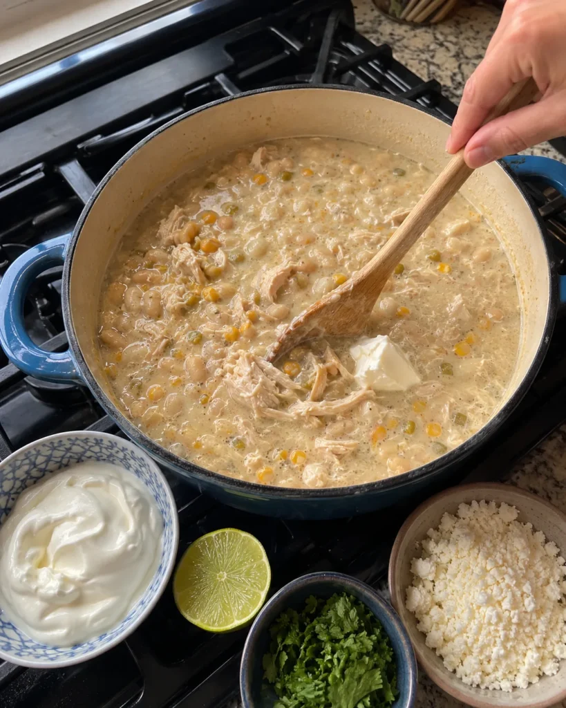 Cream cheese being stirred into Mexican Street Corn White Chicken Chili in a Dutch oven