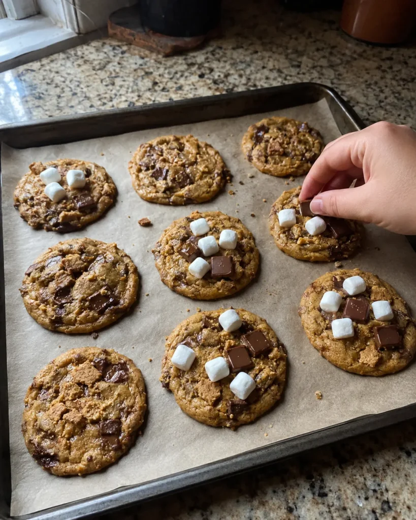 Homemade Pumpkin S'mores Cookies with chocolate, marshmallows, and graham crackers on a parchment-lined baking tray.