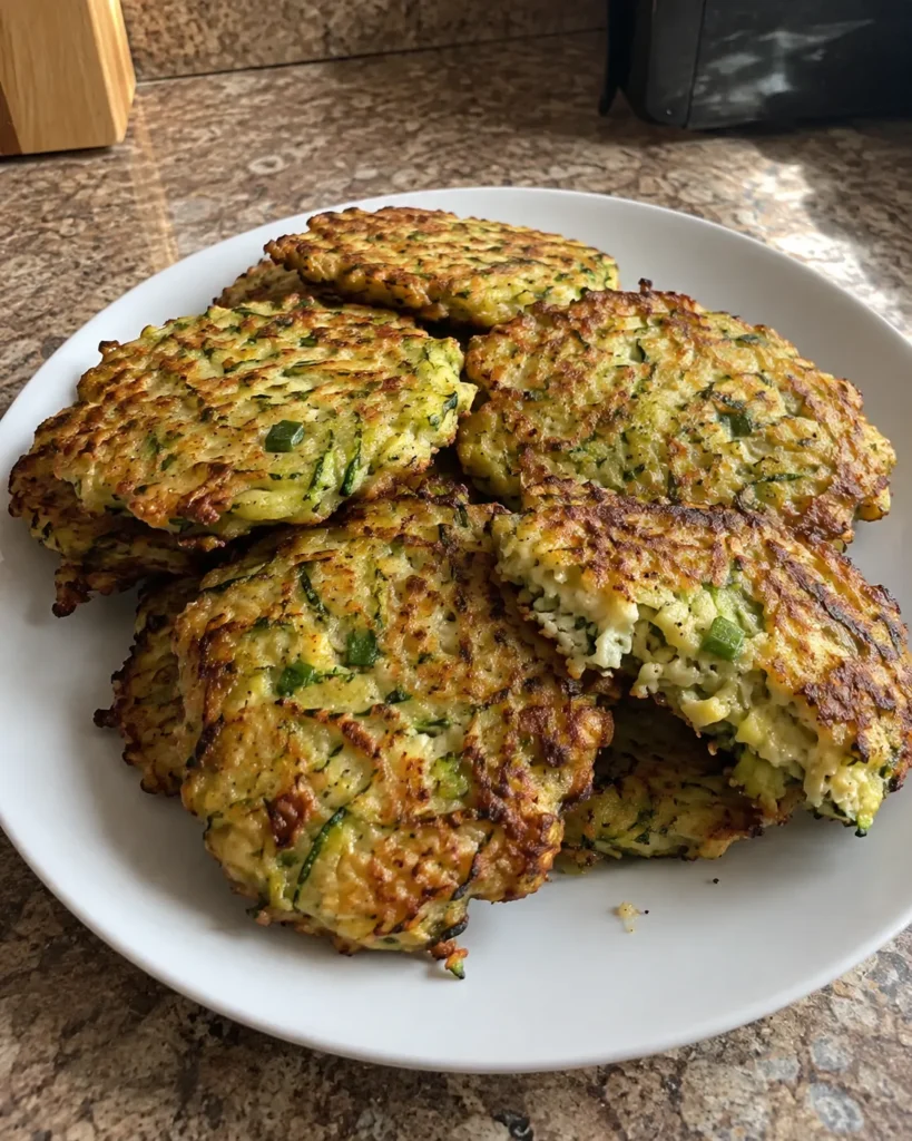 Air Fryer Zucchini Fritters stacked on a plate with crisp golden edges and tender zucchini centers