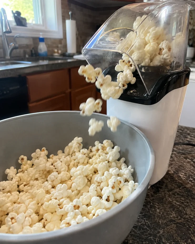 Fresh popcorn coming from an electric air popper into a large mixing bowl
