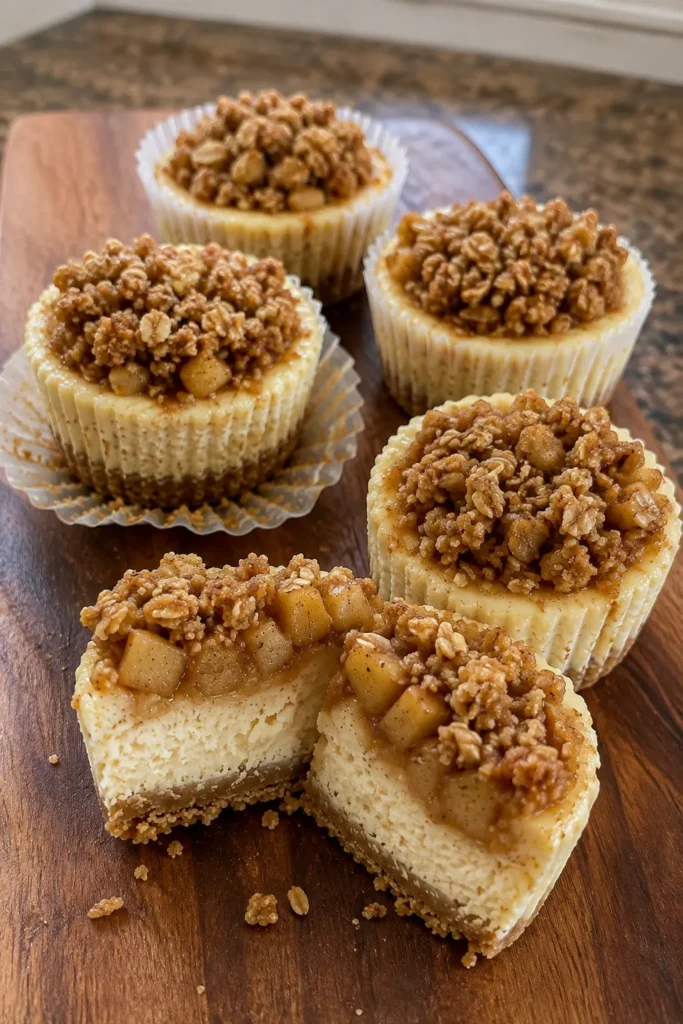 Apple Crisp Mini Cheesecakes arranged on a wooden board with one cheesecake cut open
