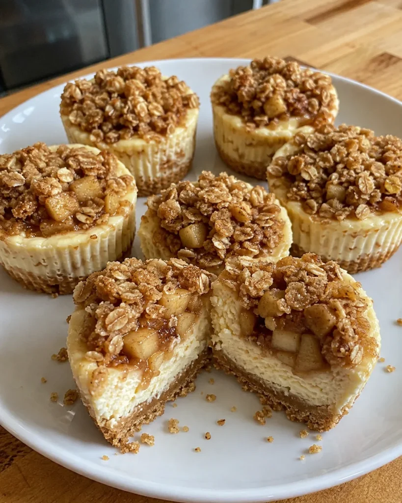 Apple Crisp Mini Cheesecakes with cinnamon apples, creamy filling, and golden oat crumble