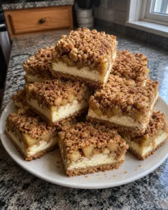 Apple pie cheesecake bars with creamy cheesecake, cinnamon apples, and buttery streusel