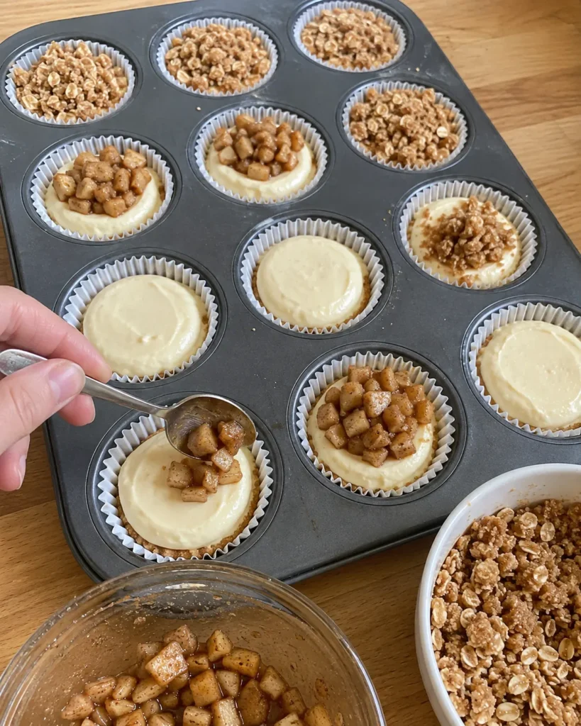 Adding diced cinnamon apples to Apple Crisp Mini Cheesecakes before topping with oat crumble