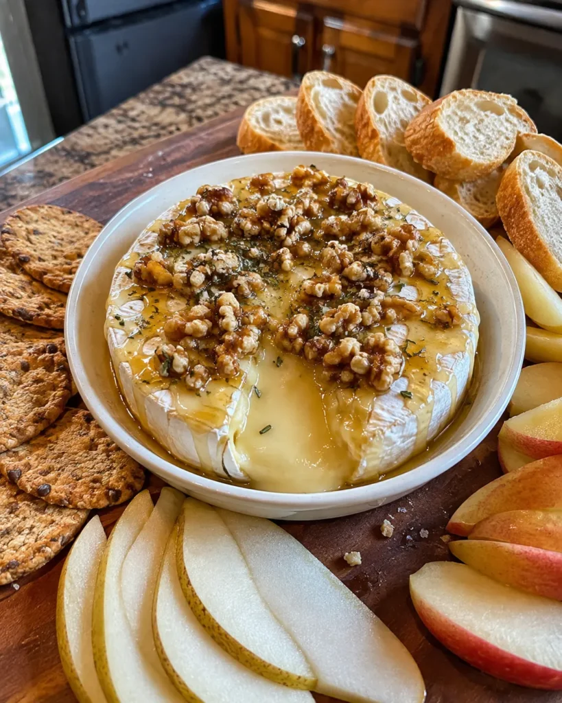 Baked Brie with Honey Walnuts topped with toasted walnuts, rosemary, and warm honey