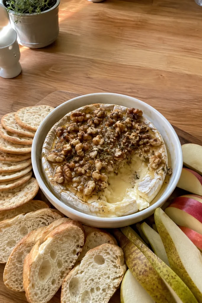 Baked Brie with Honey Walnuts served with crackers, baguette, apples, and pears