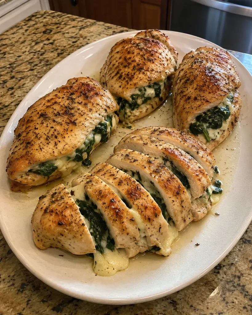 Brie Stuffed Chicken Breast sliced open with melted Brie and spinach filling