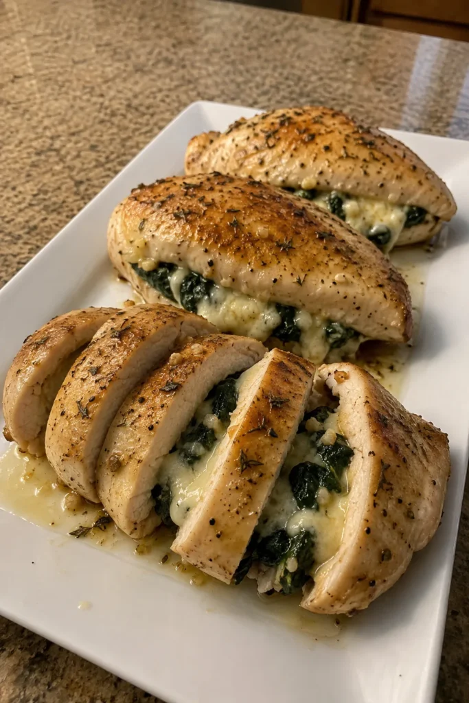 Brie Stuffed Chicken Breast with golden exterior and melted spinach Brie center
