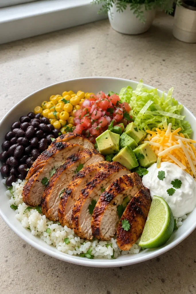 Vertical Chicken Burrito Bowl photo with juicy chicken, rice, black beans, corn, avocado, and fresh toppings