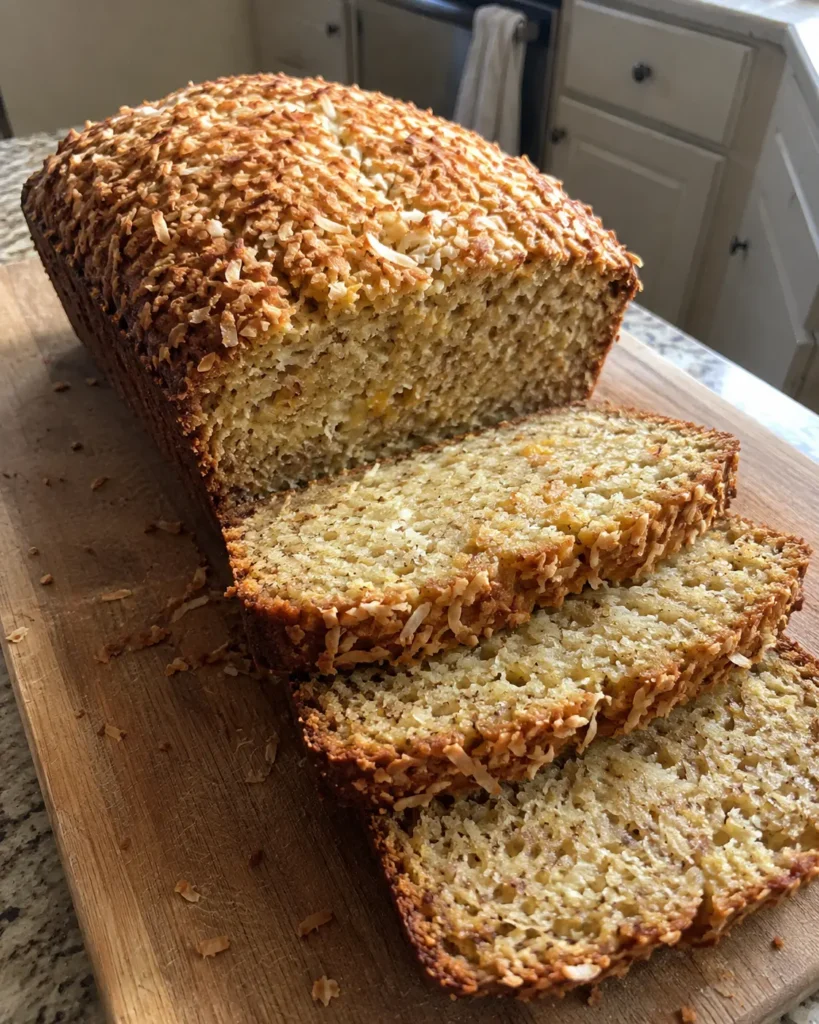 Coconut Banana Bread loaf with moist slices and toasted shredded coconut on top