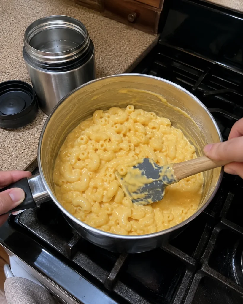 Folding elbow macaroni into cheese sauce for Mac and Cheese Thermos Lunch