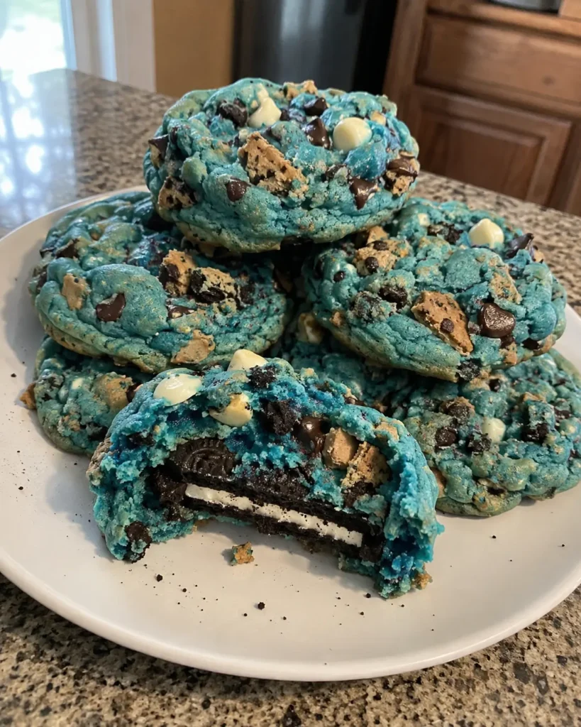 Cookie Monster Cookies stacked on a plate with chocolate chips and a stuffed chocolate sandwich cookie center