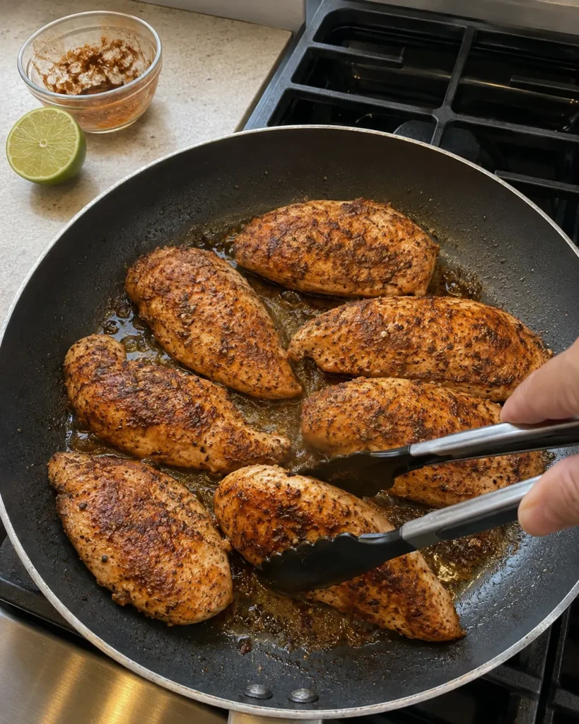 Seasoned chicken breast cooking in a skillet for Chicken Burrito Bowl
