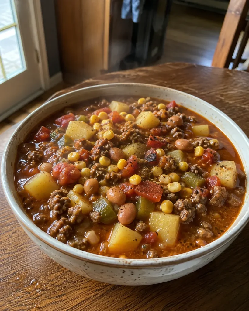 Cowboy Soup with ground beef, potatoes, pinto beans, corn, and tomatoes in savory broth