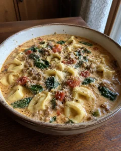 Creamy Sausage Tortellini Soup with Italian sausage, cheese tortellini, spinach, and tomatoes