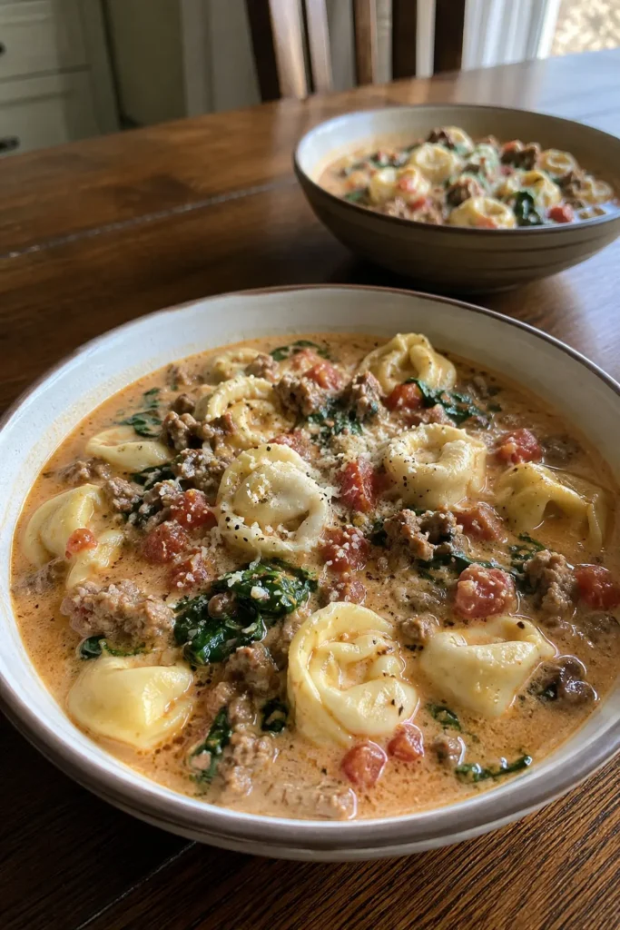 Creamy Sausage Tortellini Soup in a cozy bowl with Parmesan and black pepper