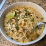 Spoonful of Mexican Street Corn White Chicken Chili with shredded chicken, white beans, and roasted corn