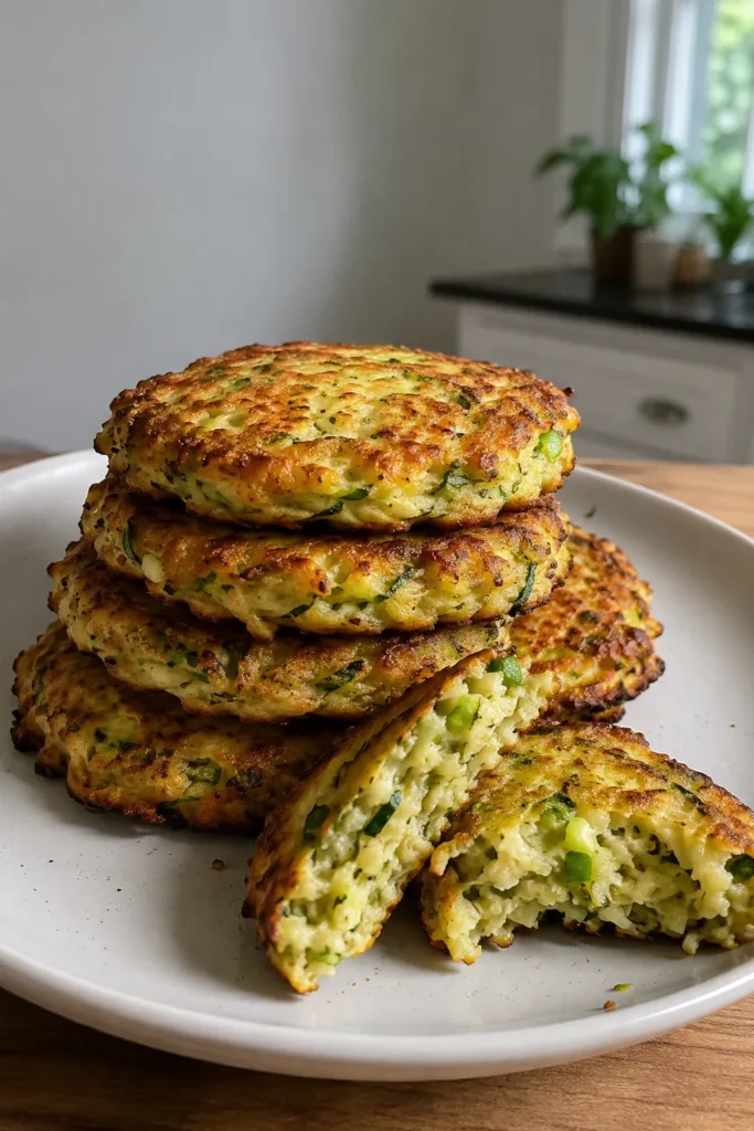Stack of Air Fryer Zucchini Fritters showing golden surfaces and tender zucchini centers