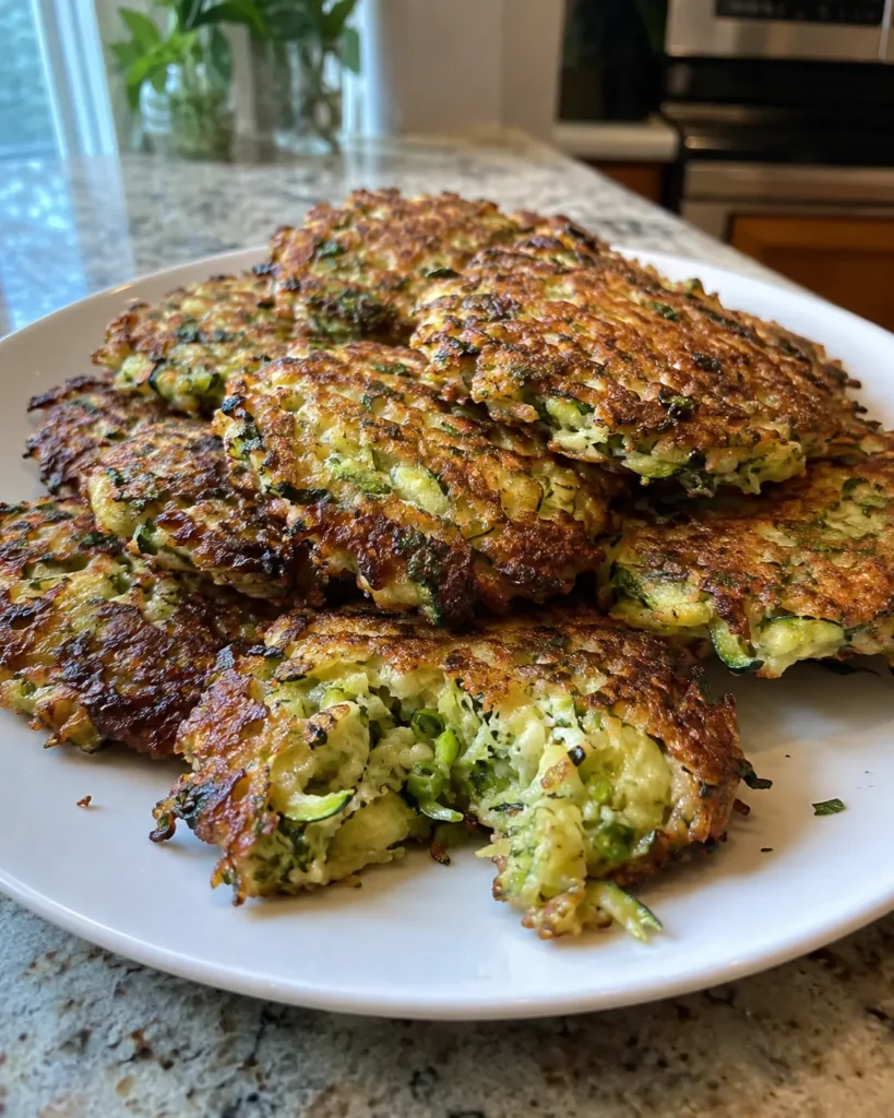 Crispy Zucchini Fritters stacked on a plate with golden edges and tender zucchini centers