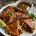 Cut Crockpot birria tacos showing tender shredded beef and melted Oaxaca cheese