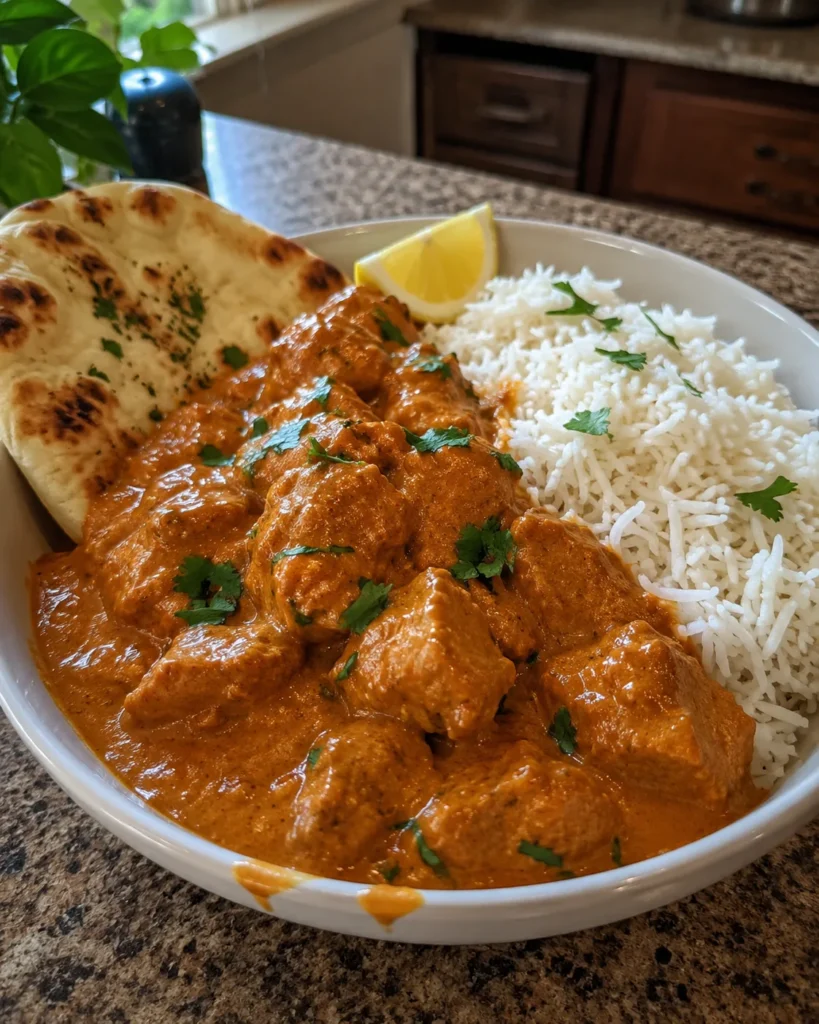 Crockpot Butter Chicken served with basmati rice and naan