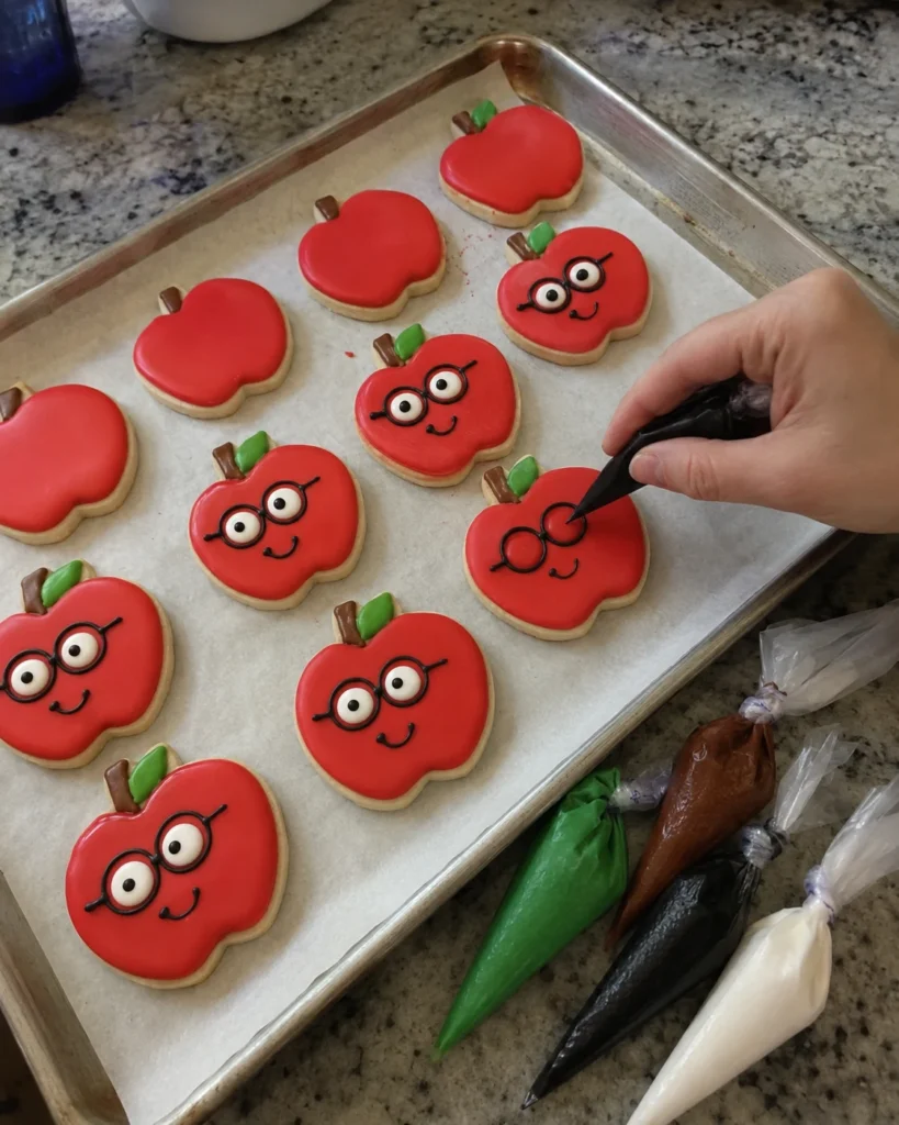 Piping black glasses onto red royal icing for Nerdy Apple Cookies