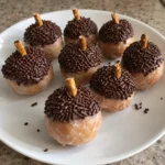 Finished Acorn Donut Holes made with glazed donuts, chocolate jimmies, and pretzel stems