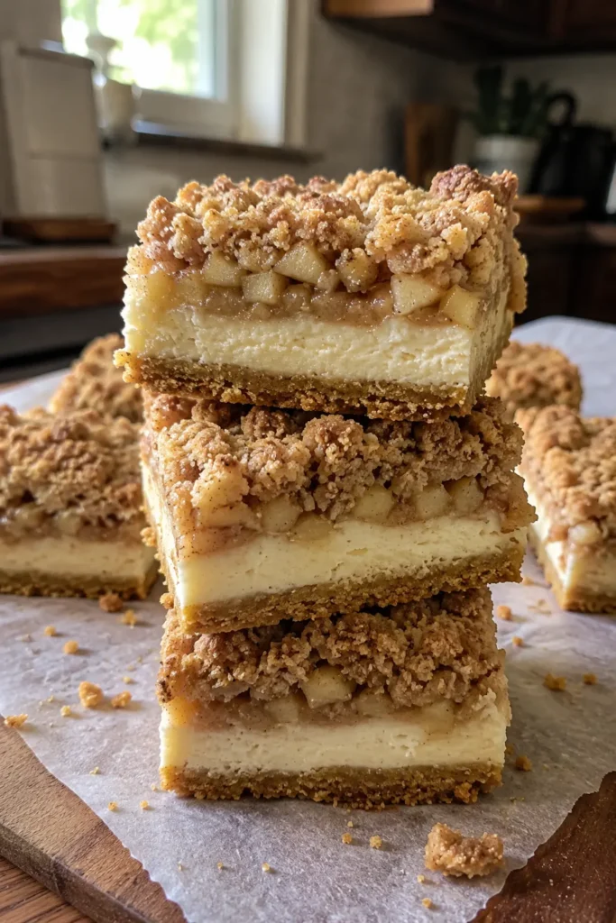 Stacked apple pie cheesecake bars with cinnamon apples and golden streusel topping