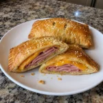 Easy Ham and Cheese Pocket Sandwiches with fork-crimped edges and melted cheese filling