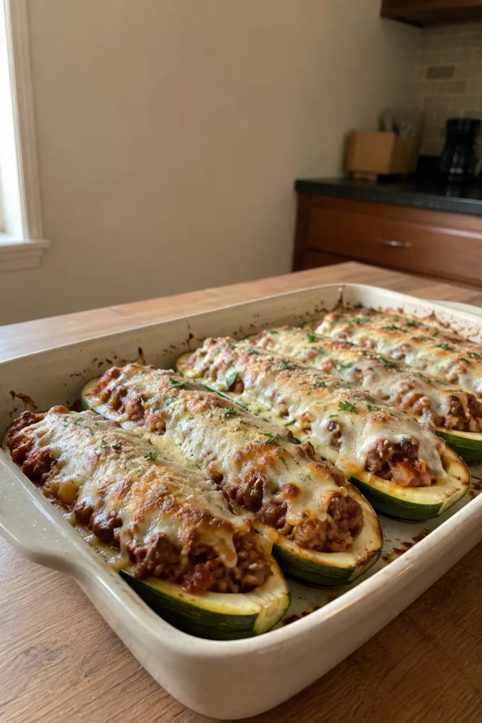 Baked Stuffed Zucchini boats with savory ground beef filling and golden mozzarella