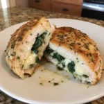 Brie Stuffed Chicken Breast cut in half showing creamy cheese and spinach