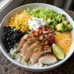 Easy Chicken Burrito Bowl served with rice, beans, corn, sliced chicken, avocado, cheese, and yogurt