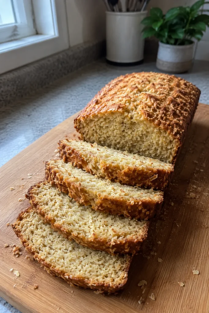Coconut Banana Bread loaf and sliced pieces with golden toasted coconut topping