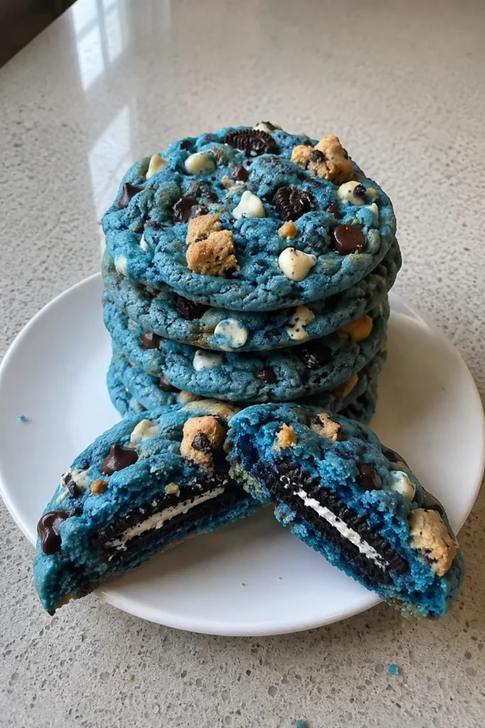 Stack of Cookie Monster Cookies with semisweet and white chocolate chips and cookie pieces