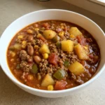 Easy Cowboy Soup with tender potatoes, ground beef, beans, corn, and tomato broth