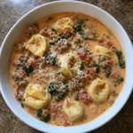Overhead bowl of Creamy Sausage Tortellini Soup with sausage and spinach