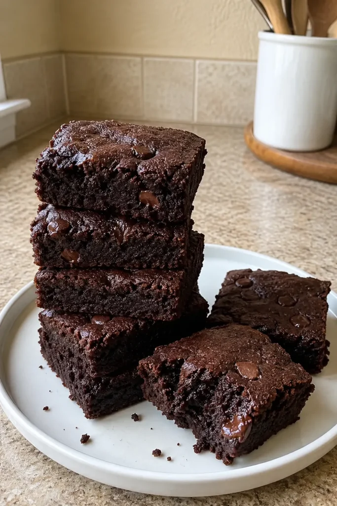 Stack of Fudgy Zucchini Brownies showing moist centers and chocolate chips