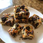 Halloween Oreo Cake Bars on a white plate showing their soft cookie-filled centers