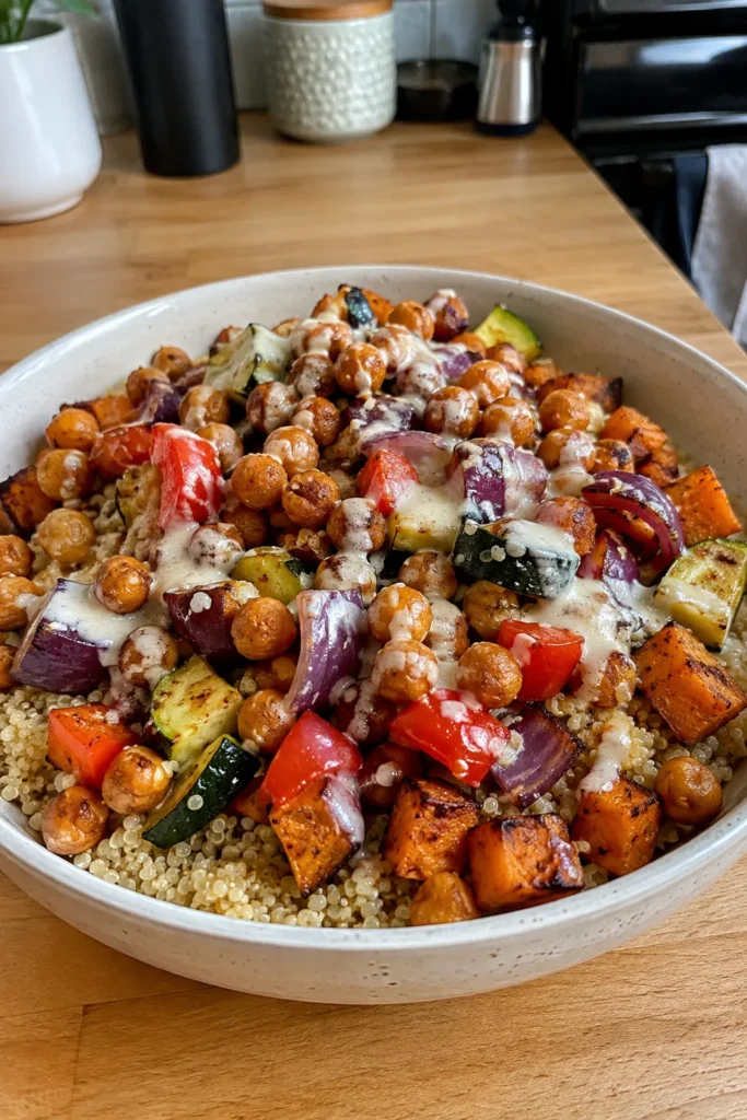 High-Fiber dinner with roasted vegetables and chickpeas over fluffy quinoa