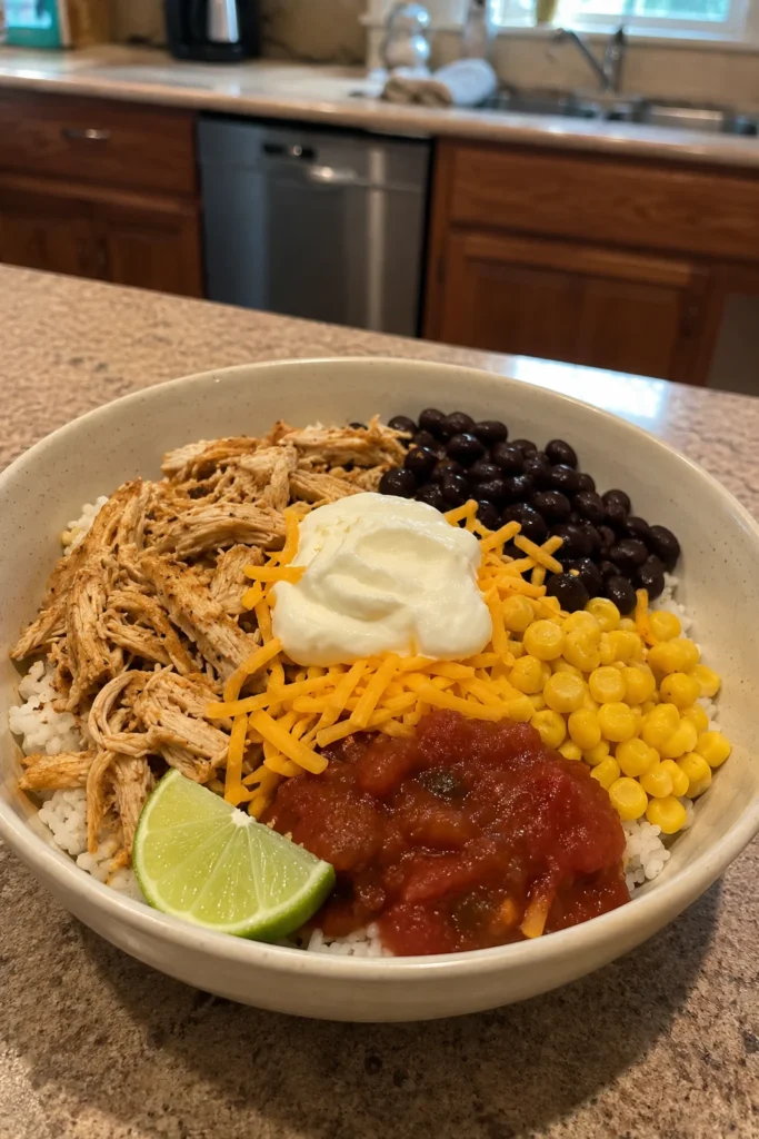 Easy Lazy High Protein Dinner chicken bowl with rice, beans, corn, salsa, and Greek yogurt