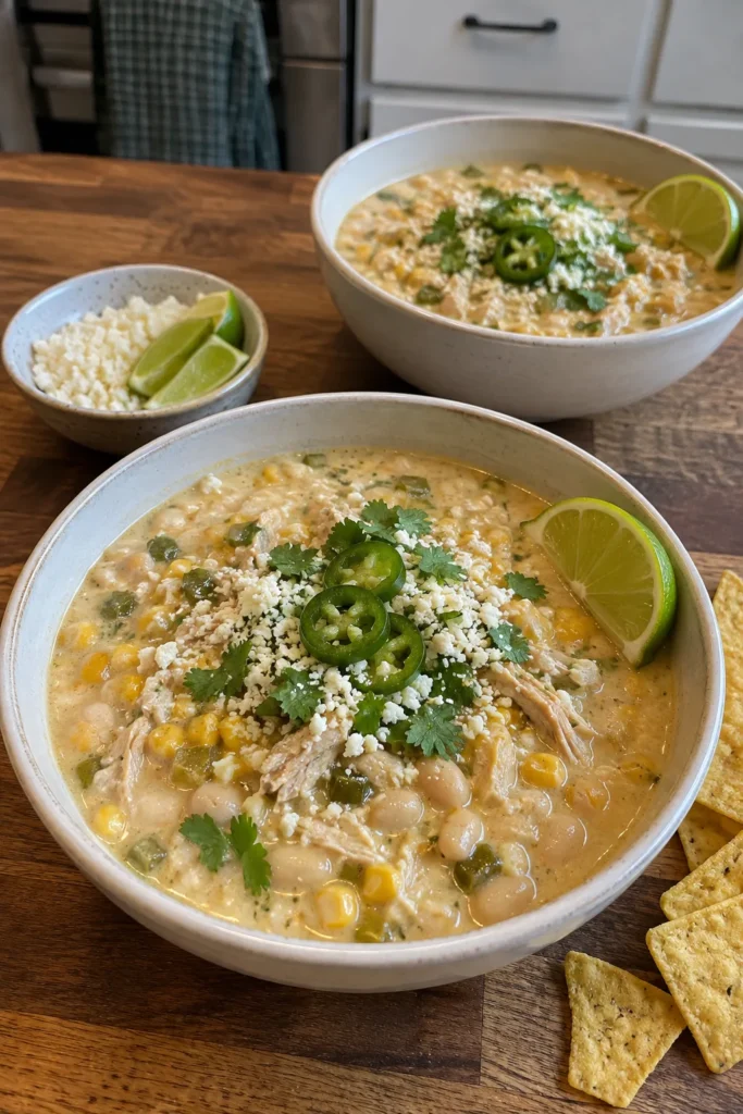 Two bowls of Mexican Street Corn White Chicken Chili served with lime, Cotija cheese, and cilantro