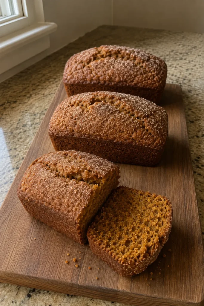 Mini Pumpkin Bread with Cinnamon loaves arranged on a wooden board with one loaf sliced