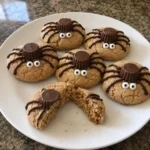Easy Peanut Butter Spider Cookies arranged on a plate with one cookie broken open