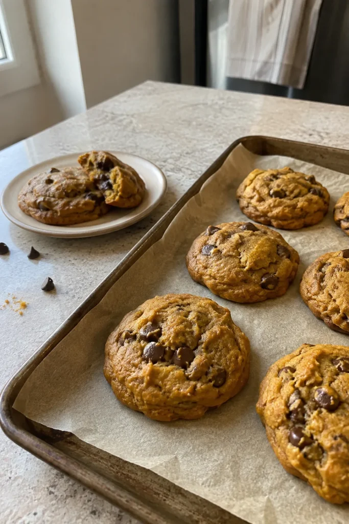 Pumpkin chocolate chip cookie tray with soft homemade cookies and melted chocolate chips