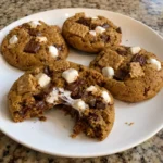 Pumpkin S'mores Cookies on a white plate with one cookie broken open to show melted chocolate and marshmallow.