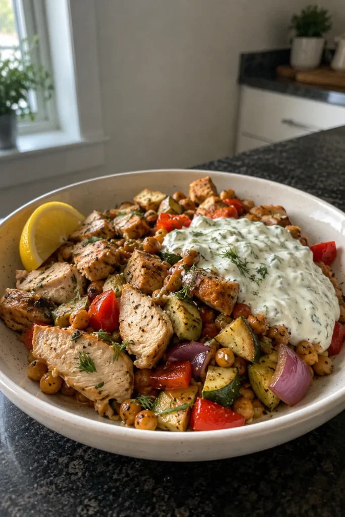 GLP-1 high-protein dinner made with sheet-pan chicken, chickpeas, roasted vegetables, and yogurt sauce