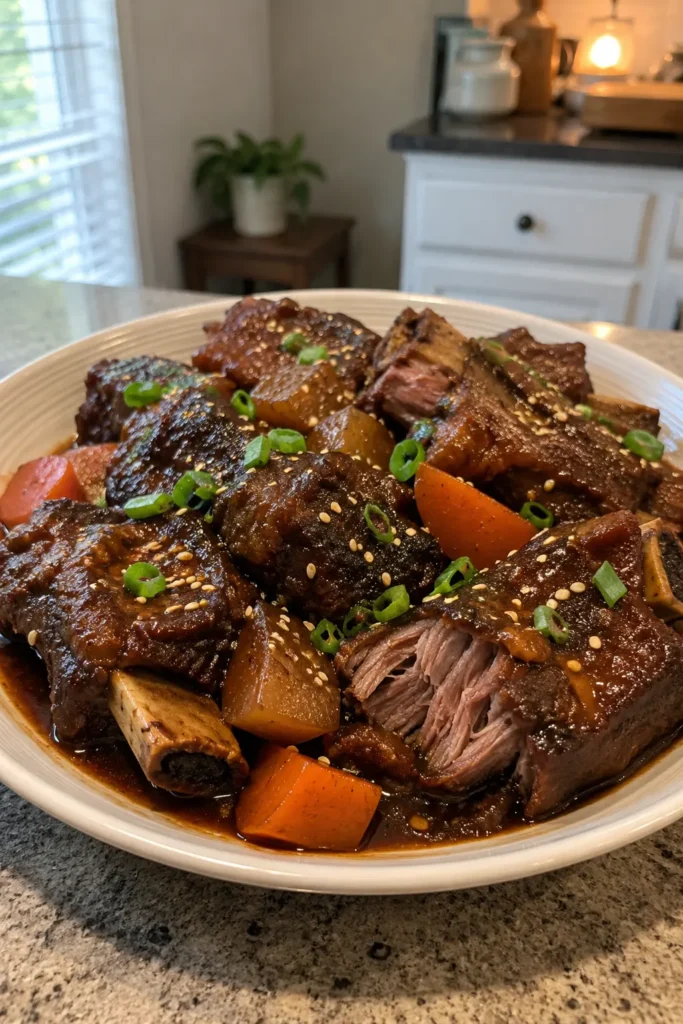 Slow Cooker Korean Short Ribs in savory-sweet soy pear sauce
