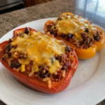 Two Tex-Mex Stuffed Peppers showing beef, rice, black bean, corn, and cheese filling